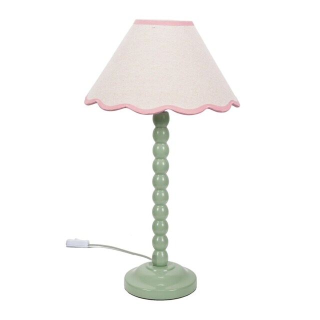 ValueLights Bobbles Sage Green Table Lamp Pink Trim Scallop Shade Pink
