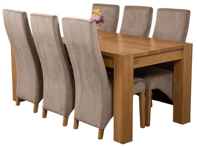 Kuba 180 x 90 cm Chunky Oak Dining Table and 6 Lola Fabric Chairs Grey Grey