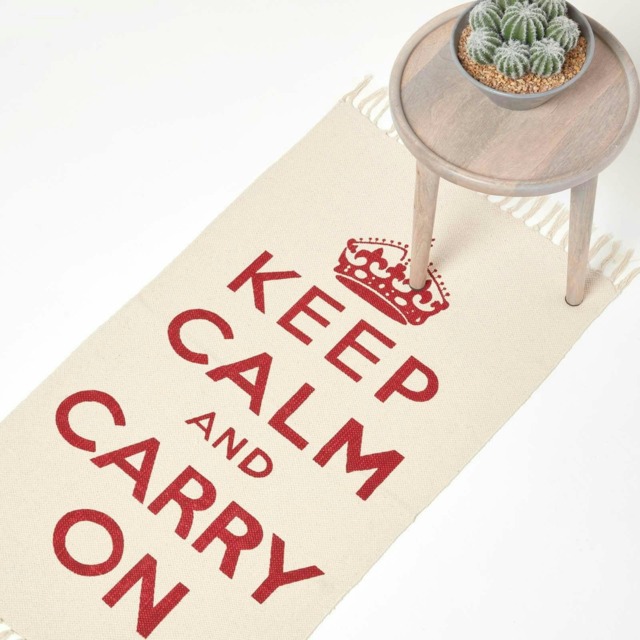 Homescapes Keep Calm And Carry On Handwoven Cotton Rug in Red & White - 60 x 100 cm Red Red & white