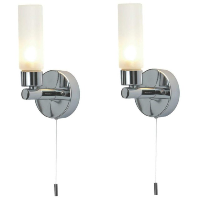 Set of 2 Polished Chrome IP44 Bathroom Pull Cord Wall Lights Chrome Polished chrome plate and frosted glass diffuser Small 2