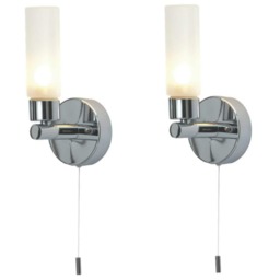 Set of 2 Polished Chrome IP44 Bathroom Pull Cord Wall Lights Chrome Polished chrome plate and frosted glass diffuser Small 2