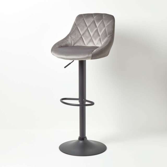Homescapes Henley Grey Velvet and Leather Height Adjustable Bar Stool Grey (L) 48 x (W) 46 x (H) 84-105 cm Including Backrest Seat Height: 60-81cm