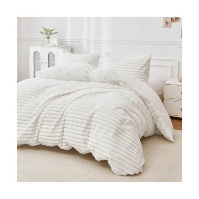 Super Soft Luxury Faux Fur Stripe Duvet Cover Plush Winter Bedding Cream Cream Single