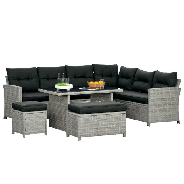 Outsunny 5 PCs Rattan Garden Furniture Set with Stools, Table, Cushion, Grey