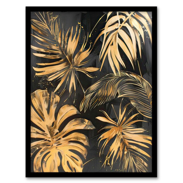 Golden Monstera Leaf Palm Frond Dark Plant Black Framed Wall Art Print A4