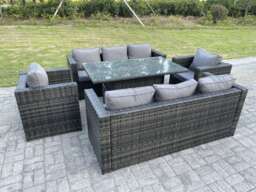 Fimous Outdoor Rattan Garden Furniture Height Adjustable Rising Lifting Table Sets Lounge Chairs Dark Grey 8 Seater