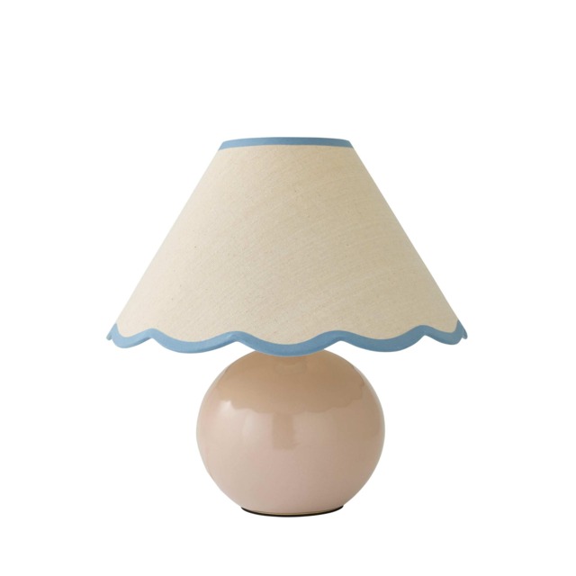 ValueLights Bosco Natural Stone Globe Ceramic Table Lamp with Linen Blue Trim Scallop Lamp Shade