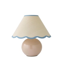 ValueLights Bosco Natural Stone Globe Ceramic Table Lamp with Linen Blue Trim Scallop Lamp Shade