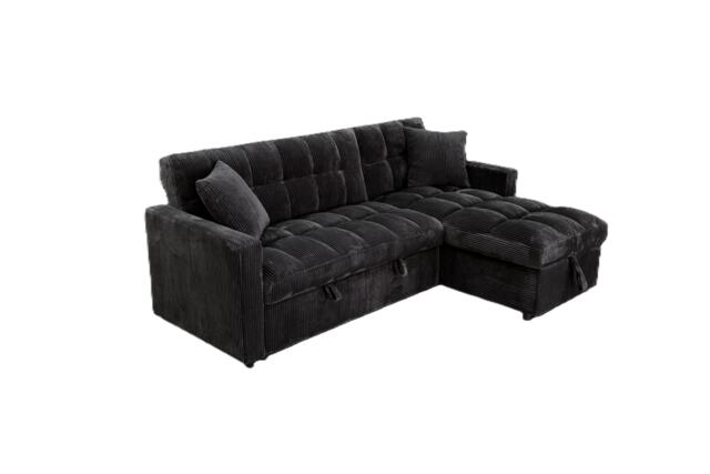 Modena Jumbo Cord 3 Seater Pull-Out Sofa Bed with Reversible Storage Chaise Black Two Seater