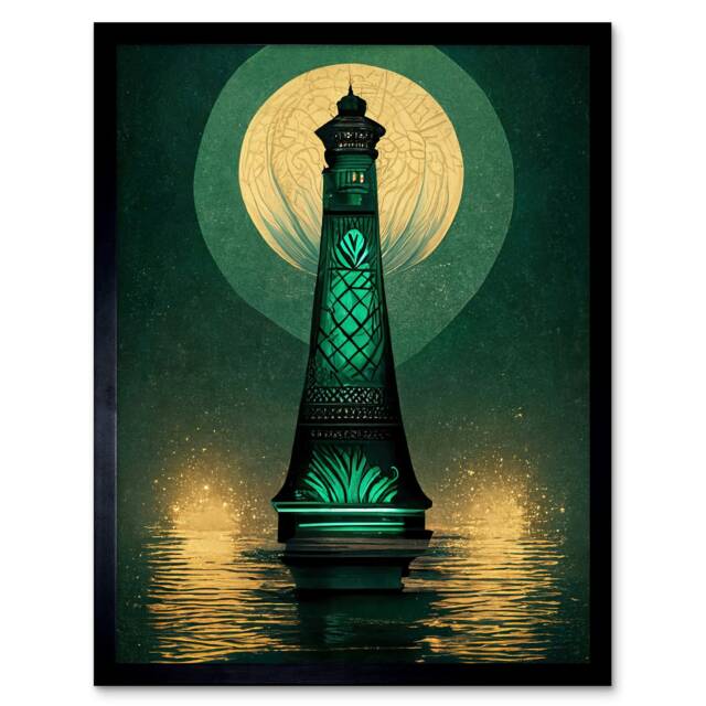 Art Deco Lighthouse Great Gatsby Moonlight Emerald Framed Wall Art Print