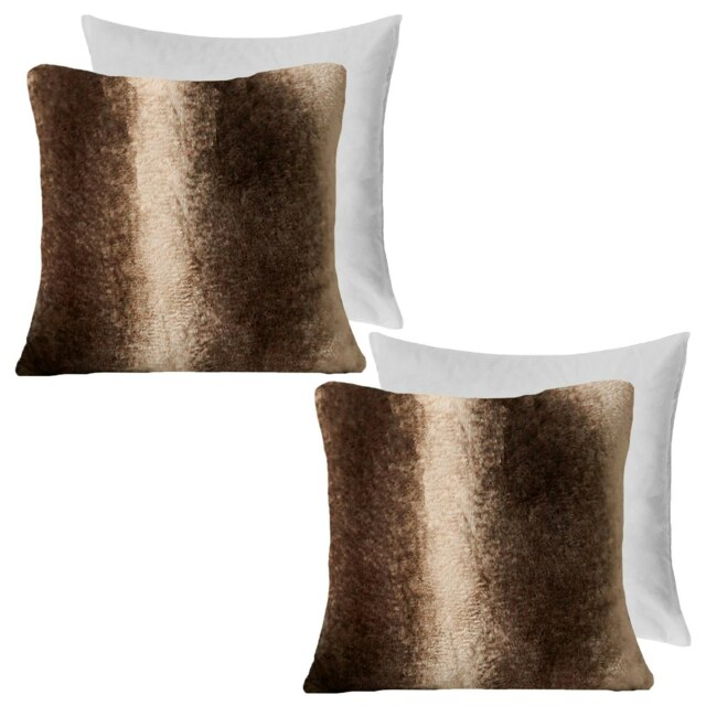 OHS 2 x Faux Fur Striped Patterned Filled Cushions, 45x45cm - Brown