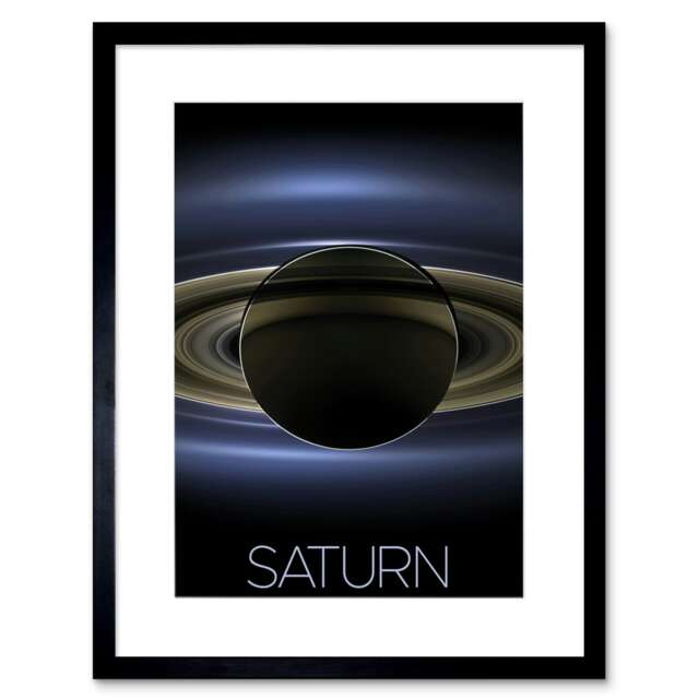 "NASA Our Solar System Saturn Planet Shadow Cassini 9x7"" Black Framed Wall Art Print"