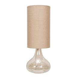 ValueLights Sylvie Natural Linen Tall Shade Amber Glass Squat Table Lamp and Bulb