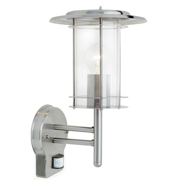 York PIR 1 Light Outdoor Wall Lantern Polished Stainless Steel, Clear Polycarbonate IP44, E27