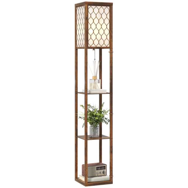HOMCOM Modern Floor Lamp Light with 3 Shelves Fabric Lampshade, Rustic Brown