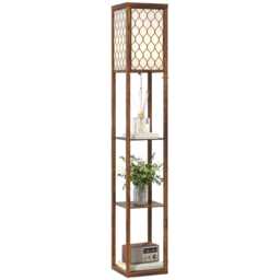 HOMCOM Modern Floor Lamp Light with 3 Shelves Fabric Lampshade, Rustic Brown