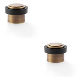 2 PACK - Rubber Tip Floor Mounted Doorstop - Antique Brass 50mm Diameter Round Door