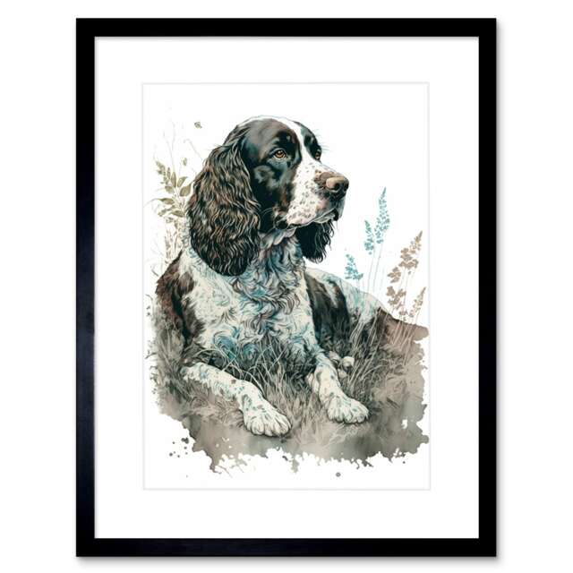 "English Springer Spaniel Dog Lying Field Watercolour 9x7"" Black Framed Wall Art Print"