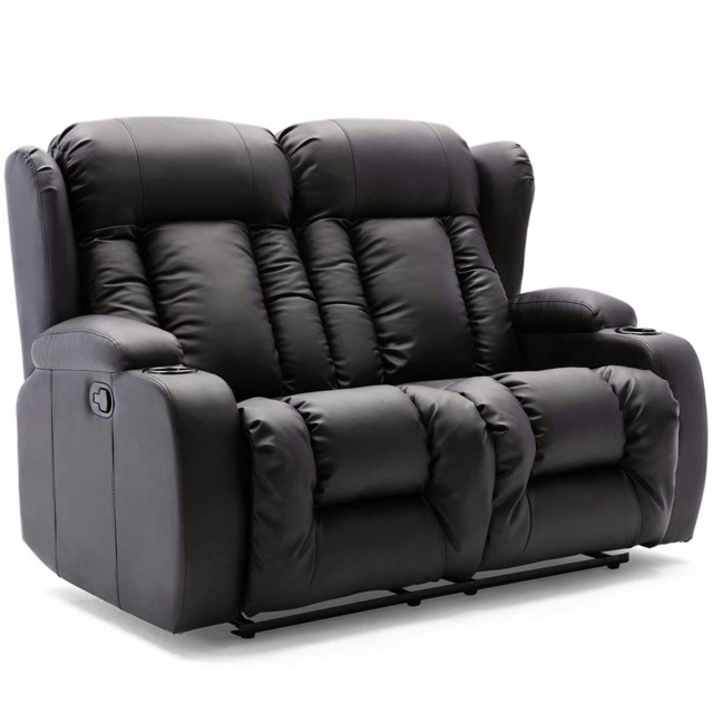 Caesar 2 Seater Manual High Back Bonded Leather Recliner Sofa (Black)