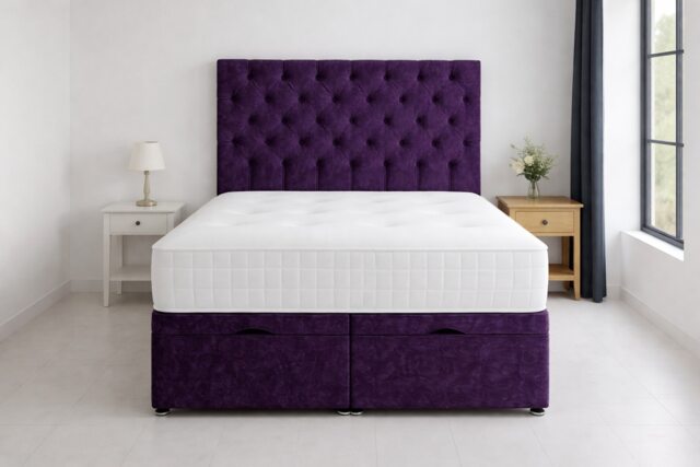 Ottoman Foot Lift Superking 6ft Purple Crush Velvet Bed Set