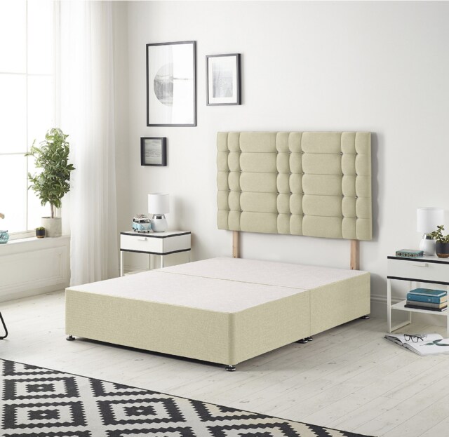 Astoria Divan Bed Base with 30 Inch Diamonte Button Headboard Linen Fabric Yellow Beige Single