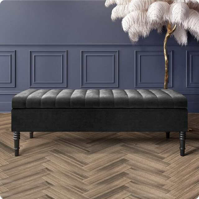 Safar 180cm Ottoman Storage Bench - Naples Shoe Bench - Black Lined Upholstery Storage Footstool