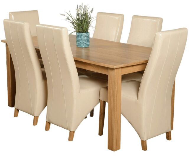 Oslo 180 x 90 cm Large Oak Dining Table and 6 Lola Leather Chairs Cream Cream