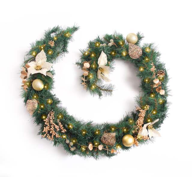 Best Artificial Christmas 6ft Gold Decorated Garland with 50 warm white battery lights
