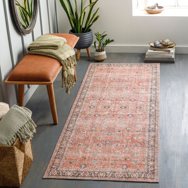 LIVABLISS Colin-Washable Traditionnal Vintage Boho Rug 80 x 220 cm Brown Orange Grey