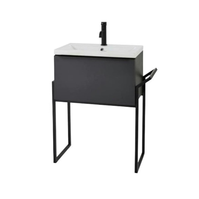 Bathroom 600mm Wall Mounted Drawer Unit, Ceramic Basin & Frame Matt Dark Grey - (Central) - Brassware Not Included Grey Grey 1