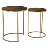 2Pc Round Nesting Stackable Sofa Side Bedside End Table Set Wood Top Metal Legs Multi Rustic Brown Top with Gold Legs
