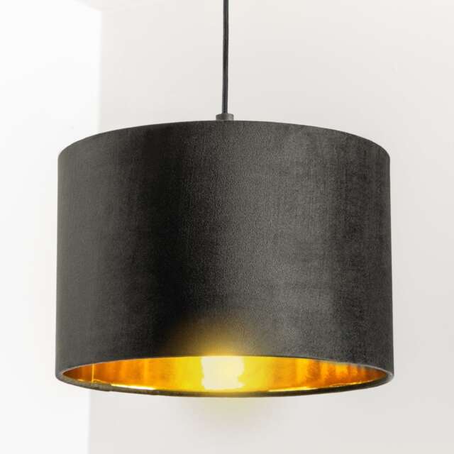 CGC Lighting Nila Black Velvet Drum Pendant Shade with Gold Inner 30 cm Black Black Velvet & Gold Medium