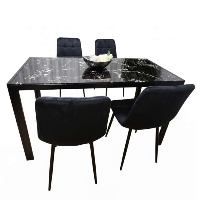 Modern Black Glass Marble Effect Dining Table Set With 4 Black Velvet Chairs Dining Room Furniture