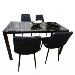 Modern Black Glass Marble Effect Dining Table Set With 4 Black Velvet Chairs Dining Room Furniture