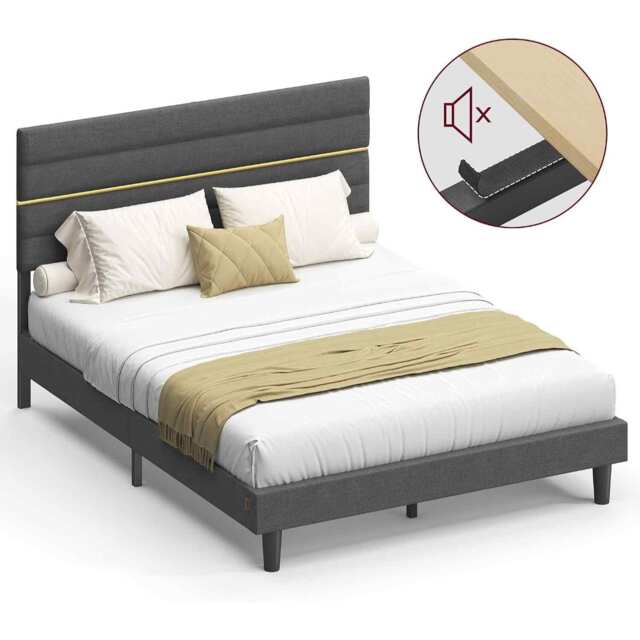 King Bed Frame with Adjustable Upholstered Headboard, Metal Platform Bed with Wooden Slats, Modern Bedroom Furniture, Slate Grey