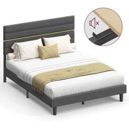 King Bed Frame with Adjustable Upholstered Headboard, Metal Platform Bed with Wooden Slats, Modern Bedroom Furniture, Slate Grey