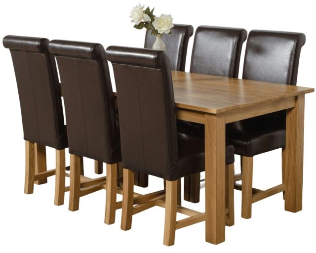 Oslo 180 x 90 cm Large Oak Dining Table and 6 Washington Leather Chairs Brown Brown