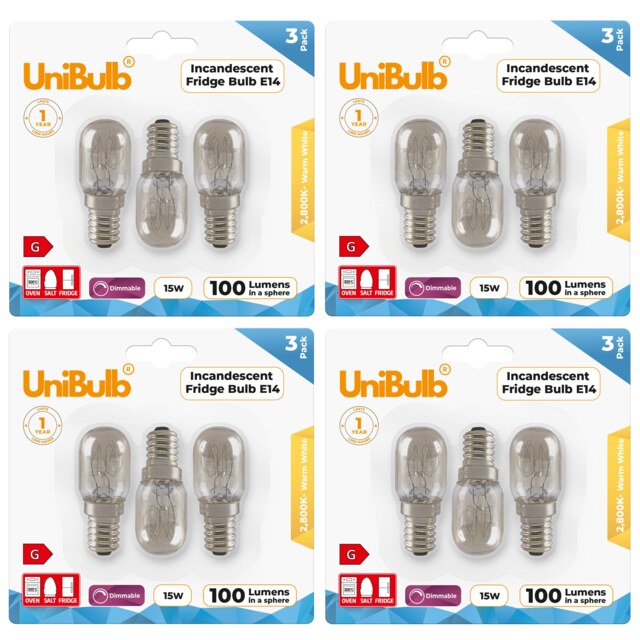 UniBulb Fridge / Oven / Salt Lamp Pygmy E14 Small Edison Screw (SES) 100lm 15W 2800K (Warm White) Incandescent Dimmable Light Bulbs - Pack of 12