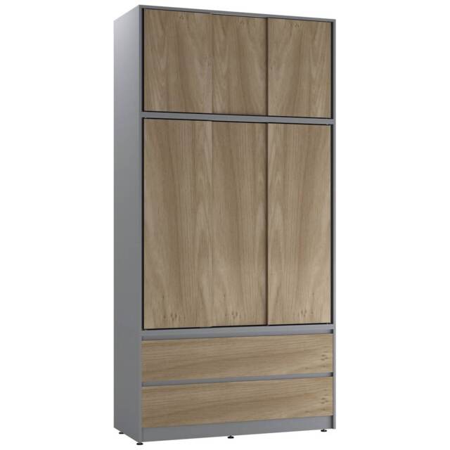 120cm 3 Sliding Doors Children Kids Wardrobe Bedroom Storage Closet Hanging Rail Multi Grey with Oak Doors 1