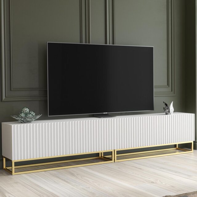 TV Stand TV Unit Modular Media Cabinet Storage Cabinet White Fluted Gold Legs 200cm