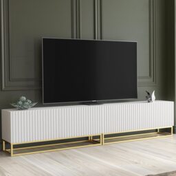 TV Stand TV Unit Modular Media Cabinet Storage Cabinet White Fluted Gold Legs 200cm