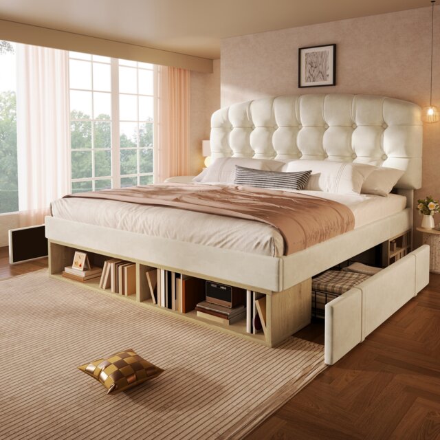 Multi-functional Storage Bed Frame with Drawers and Adjustable Headboard