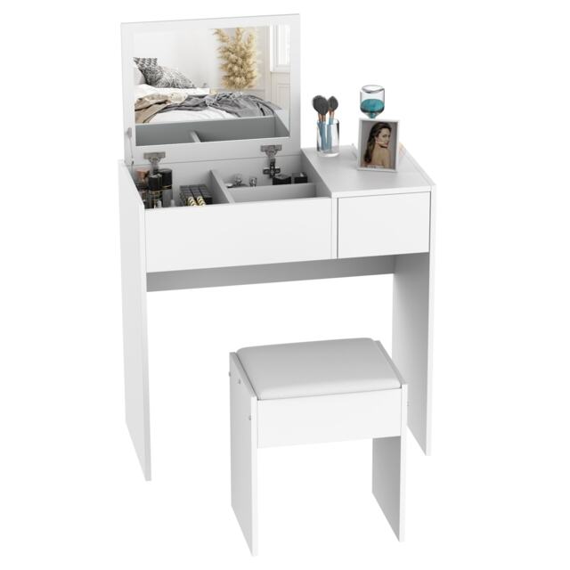 HOMCOM Dressing Table with Flip-Up Mirror and Cushioned Stool, Makeup Vanity Desk with Hidden Compartments and Storage Drawer, Convertible Writing Table for Bedroom, White
