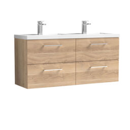 Balterley Level Wall Hung 4 Drawer Vanity Unit & Double Basin for Modern Bathroom Storage Brown Bleached Cuneo Oak