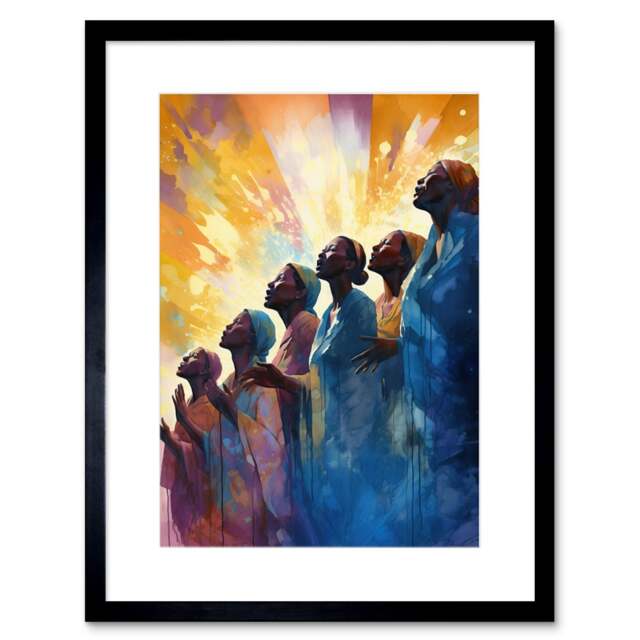 "Female Gospel Choir Group Singing Hymns Modern Watercolour 9x7"" Black Framed Wall Art Print"