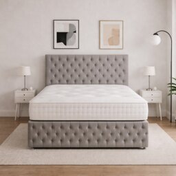 6FT Superking Light Silver Plush Velvet Divan Bed With Headboard & Footboard and Memory Sprung Mattress 2 Drawers Right Side Laying in Bed