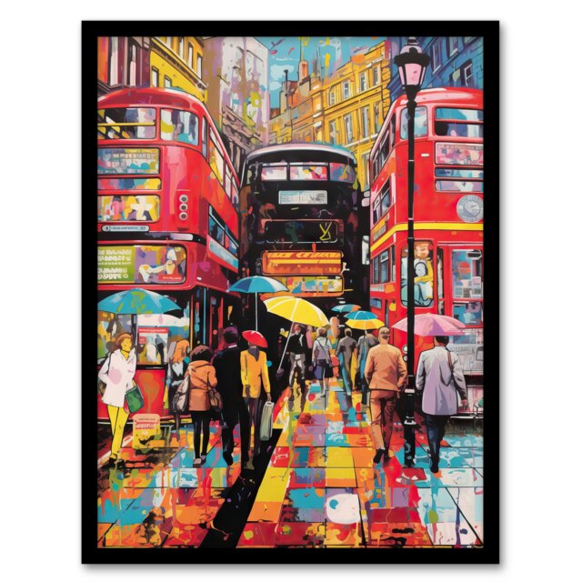 London Street Neon Colours Oil Rainy Day Black Framed Wall Art Print A4