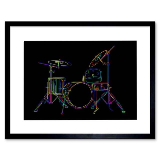 "Painting Colourful Drum Kit Music Instrument 12x16"" Framed Wall Art Print"