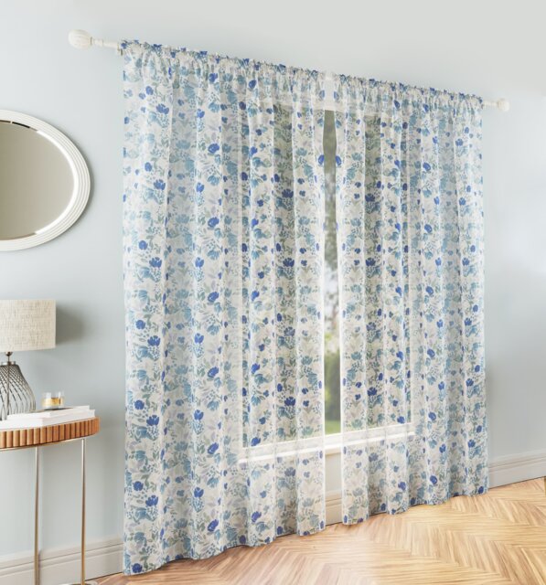 "Mia Blue Floral Print Sheer Voile Panels - Pair 140 x 137cm (55x54"") Blue Blue 2"