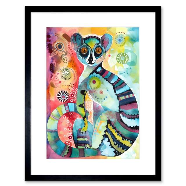 "Striped Ring-Tailed Lemur Folk Art 9x7"" Black Framed Wall Art Print"